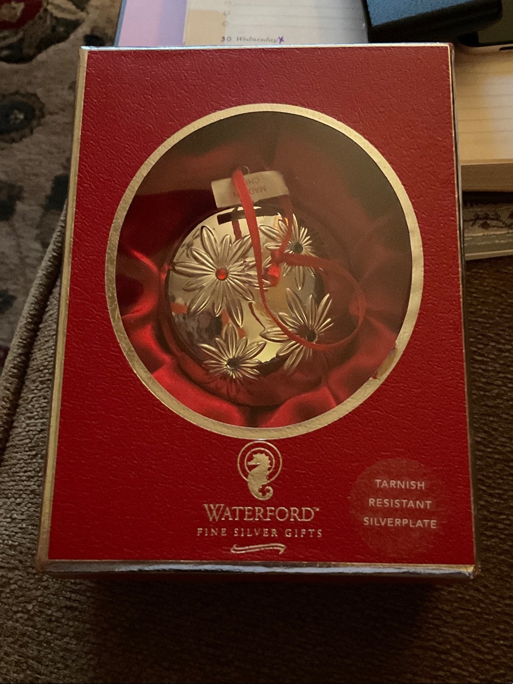 Waterford Silverplate Floral Ornament with Red Ribbon and Red Box